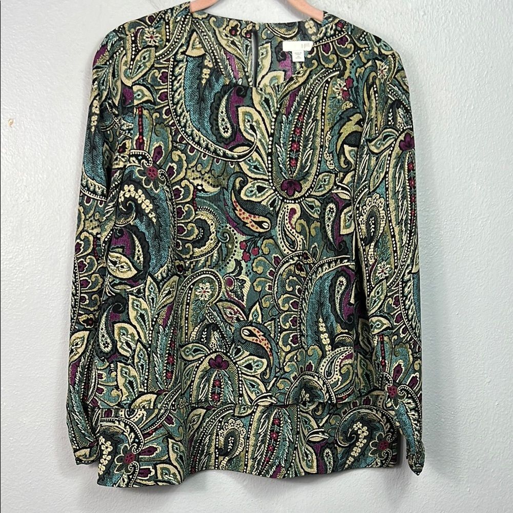 J. Jill Paisley Print Long Sleeve Scoop Neck Tier Blouse Medium Petite